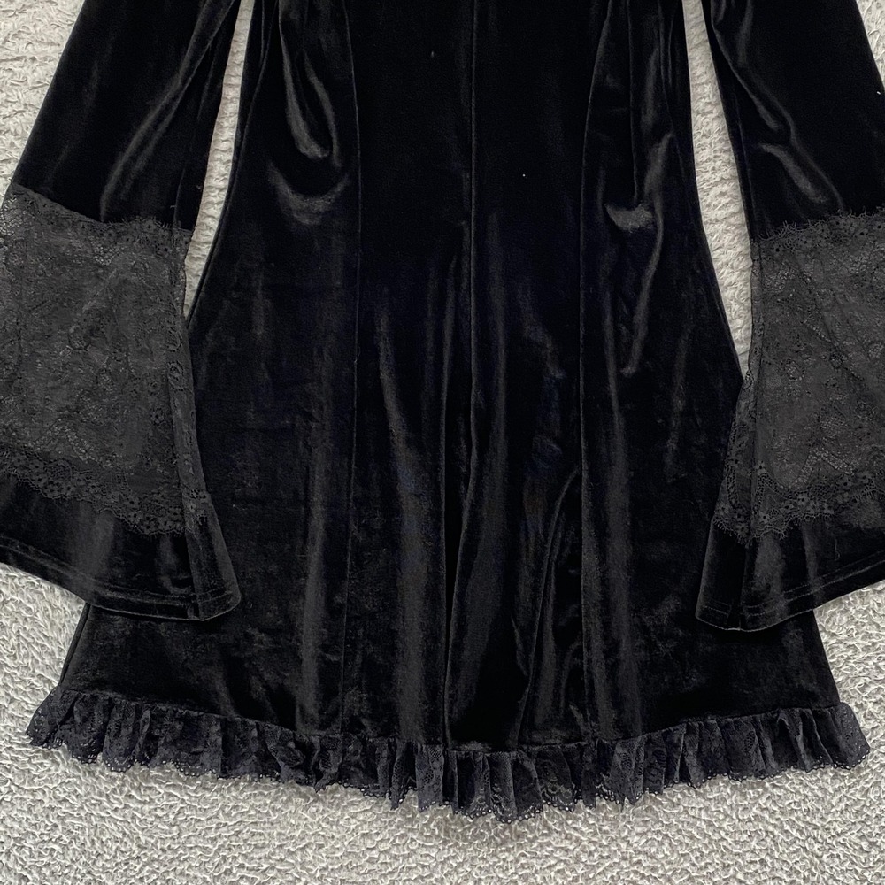 Gothic Velvet Dress Womens L Black Bell Sleeve Lace Ruffle Hem Mini Witchy Y2K - Picture 10 of 13
